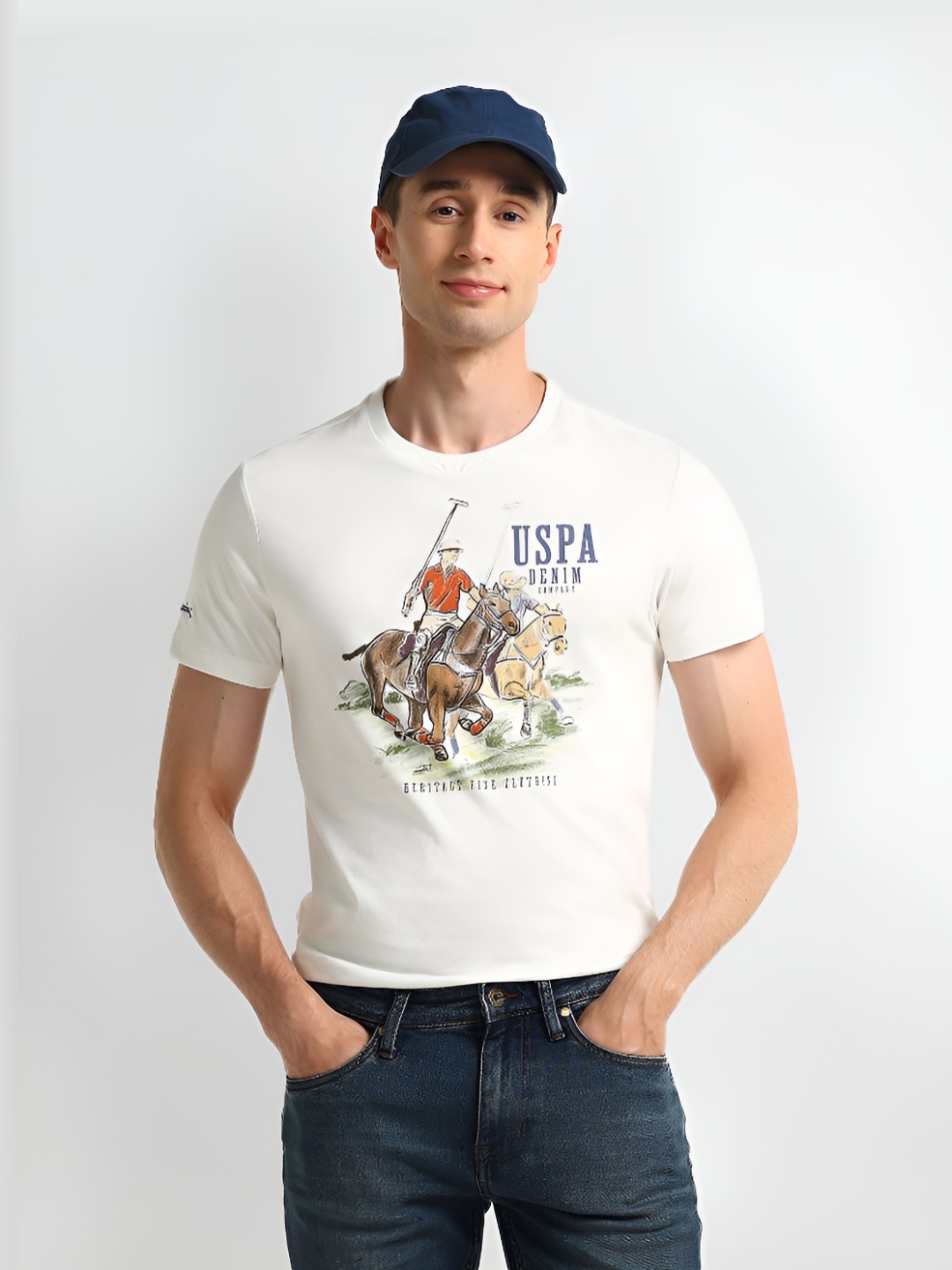 

U.S. Polo Assn. Men Graphic Printed Round Neck Cotton Slim Fit T-Shirt, Off white