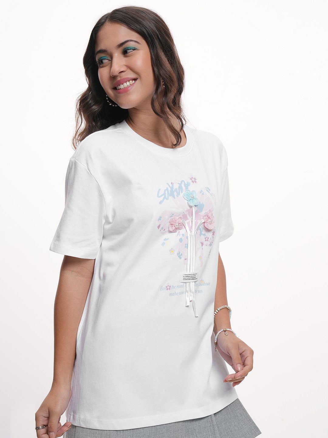 

Tokyo Talkies Women Floral Printed Round Neck Cotton Relaxed Fit T-Shirt, White
