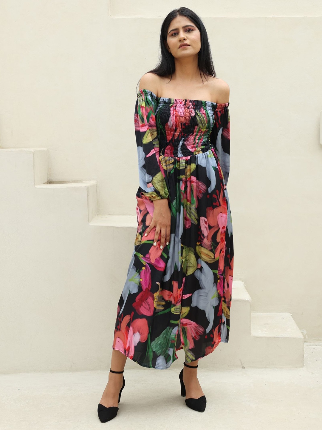 

RadhaRaman Floral Printed Off-Shoulder Maxi Dress, Black