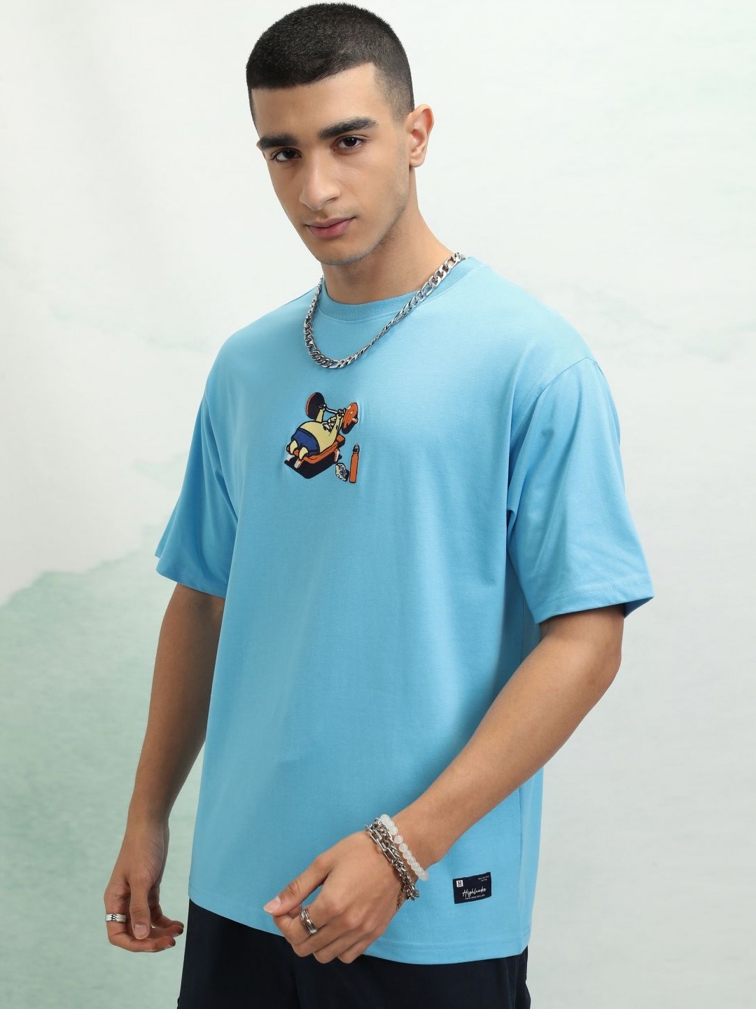 

HIGHLANDER Men Graphic Printed Round Neck Cotton Relaxed Fit T-Shirt, Turquoise blue
