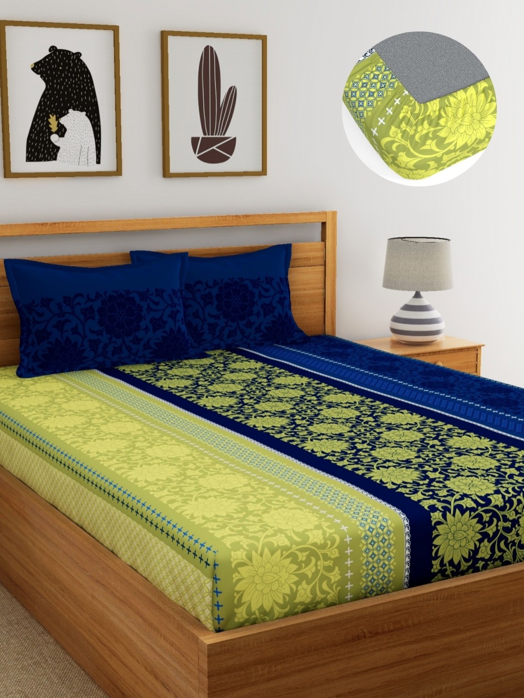 

Dreamscape Blue & Green Floral 144 TC King Fitted Bedsheet With 2 Pillow Covers