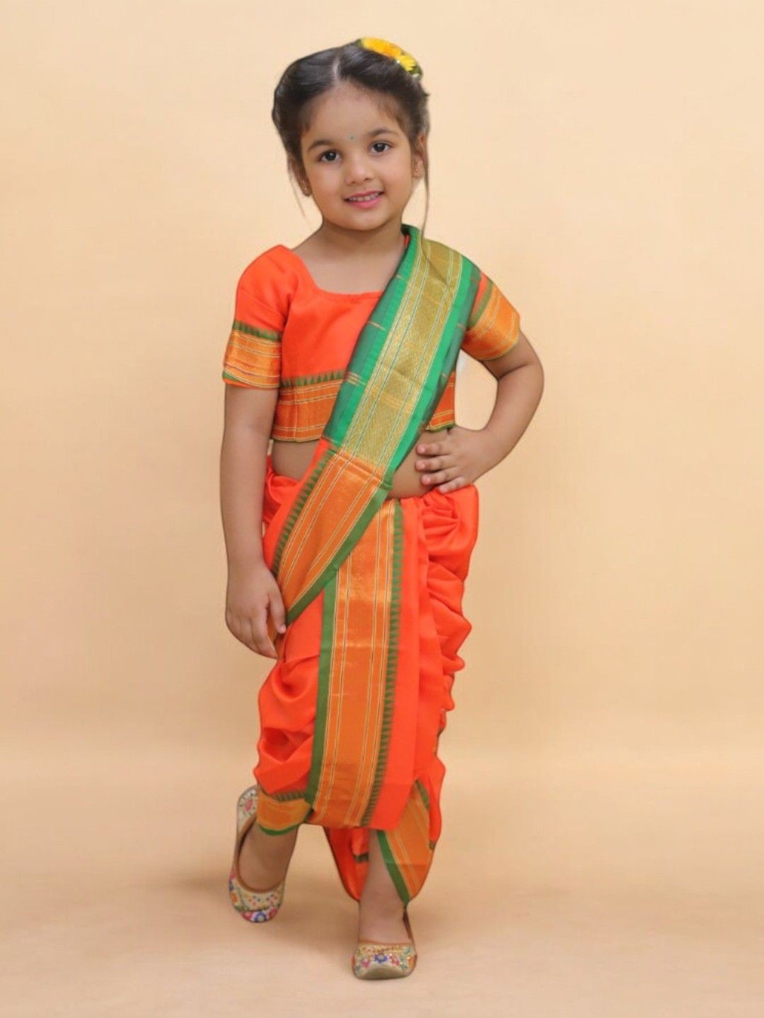 

LITTLE GINNIE Girls Zari Border Ready To Wear Silk Saree, Orange