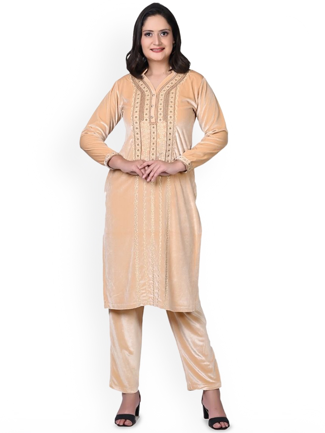 

TWENTY ME Floral Embroidered V Neck Straight Kurta with Trousers, Beige