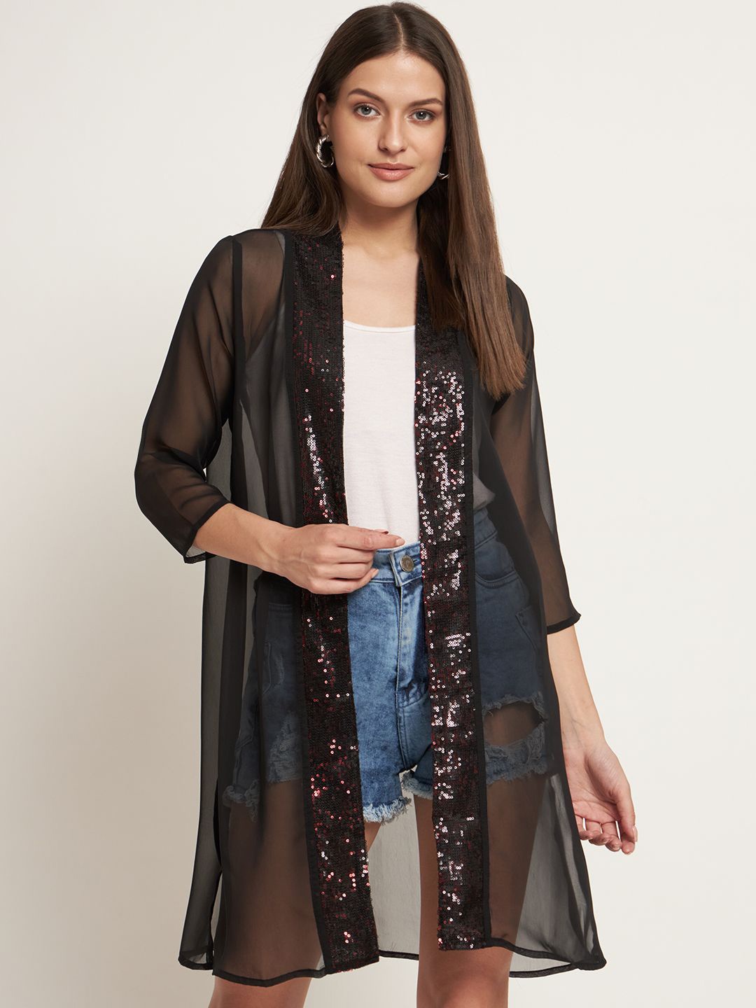 

Curvydrobe Embellished Longline Open Front Shrug, Black