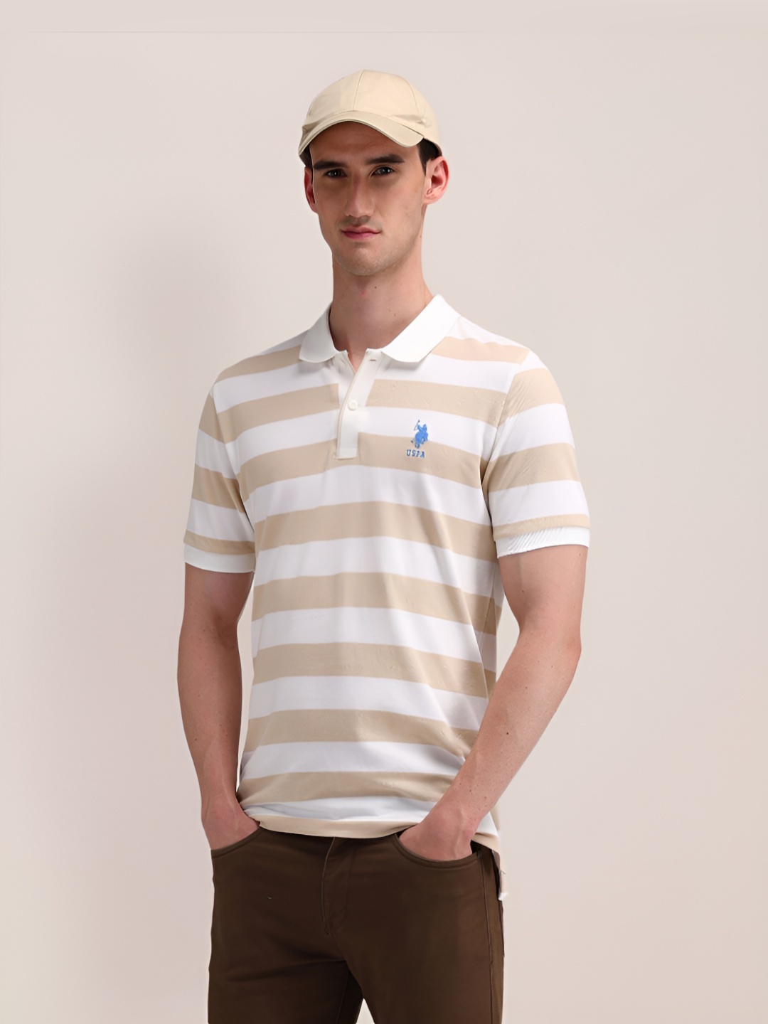 

U.S. Polo Assn. Men Striped Polo Collar Cotton Slim Fit T-Shirt, Beige