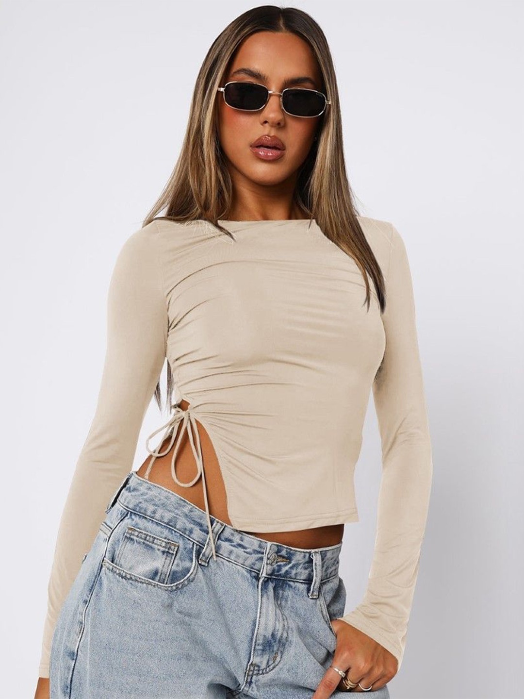 

StyleCast Women Solid Boat Neck Nylon Top, Beige