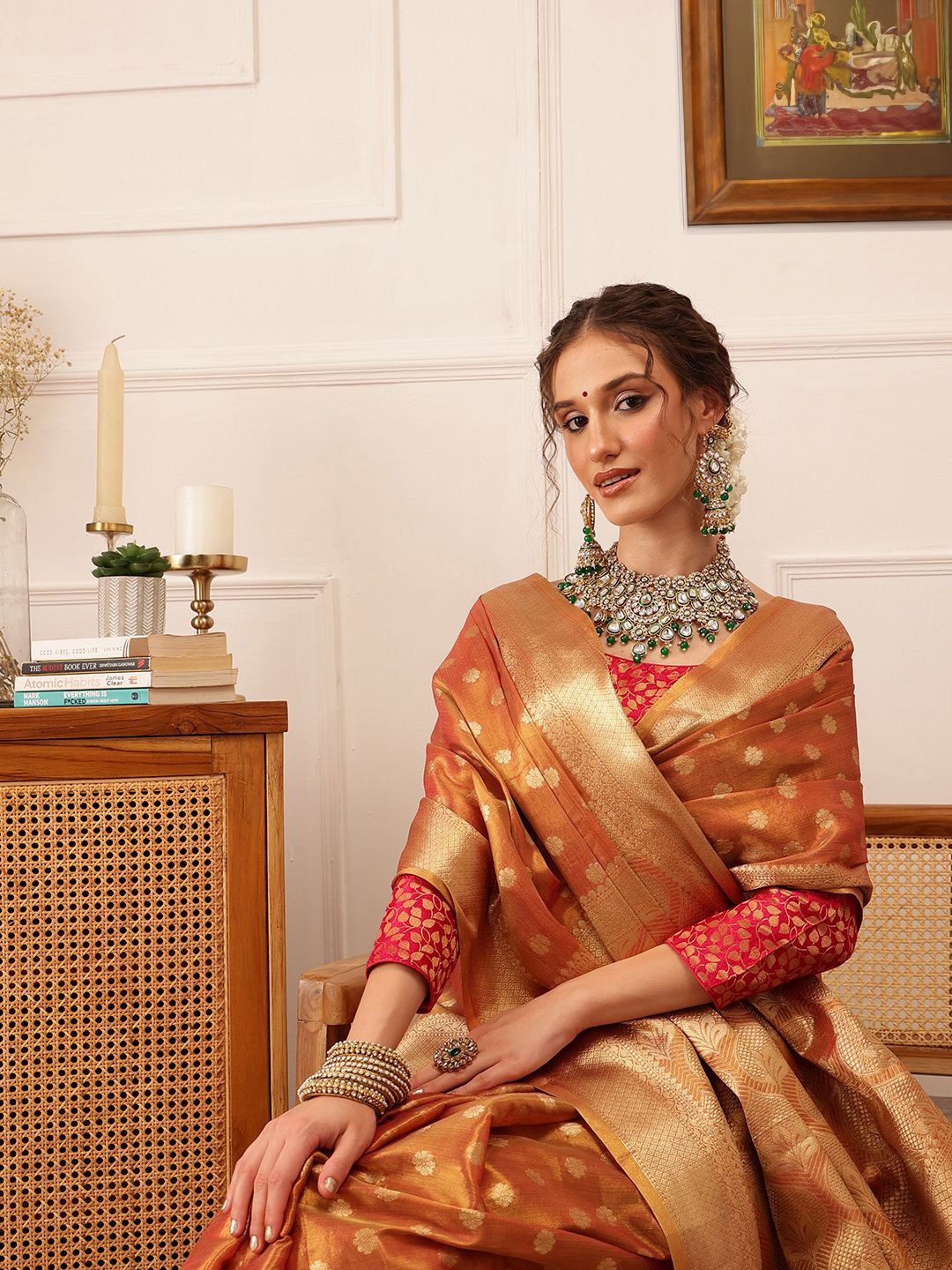 

Silk Land Women Woven Design Floral Printed Kanjeevaram Saree, Peach