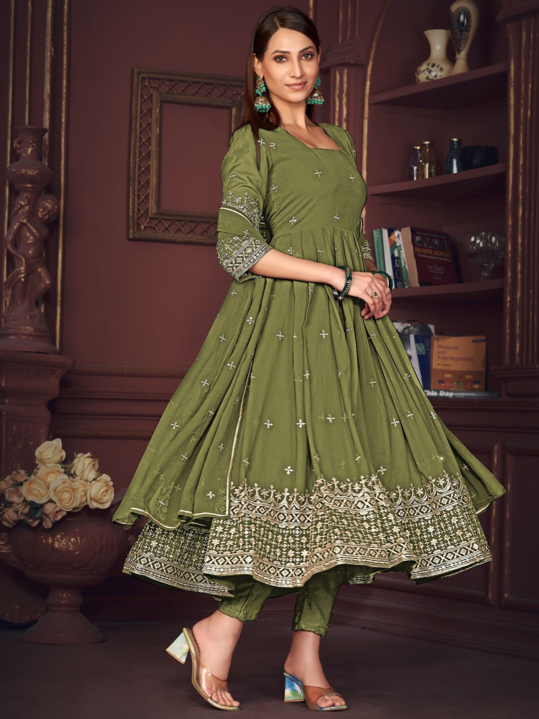 

Warthy Ent Ethnic Motifs Embroidered Semi-Stitched Dress Material, Green