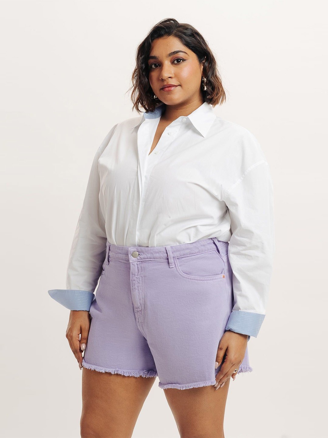 

FREAKINS Plus Size Women High-Rise Frayed Hem Pure Cotton Denim Shorts, Lavender