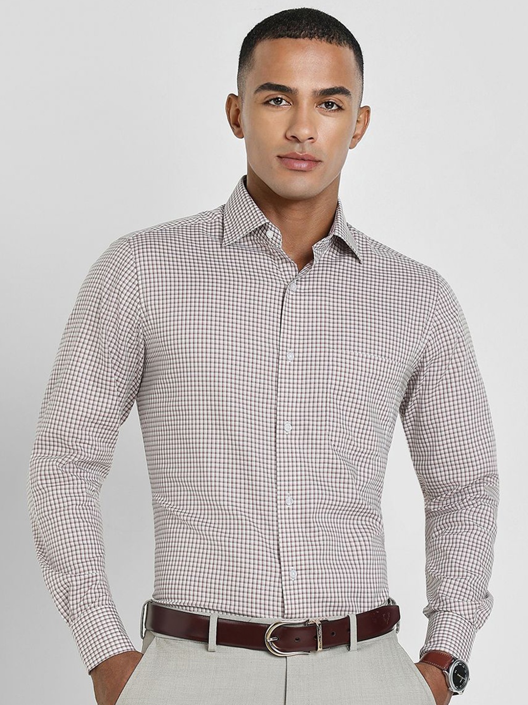 

Allen Solly Sport Men Spread Collar Micro Checked Cotton Formal Shirt, Brown