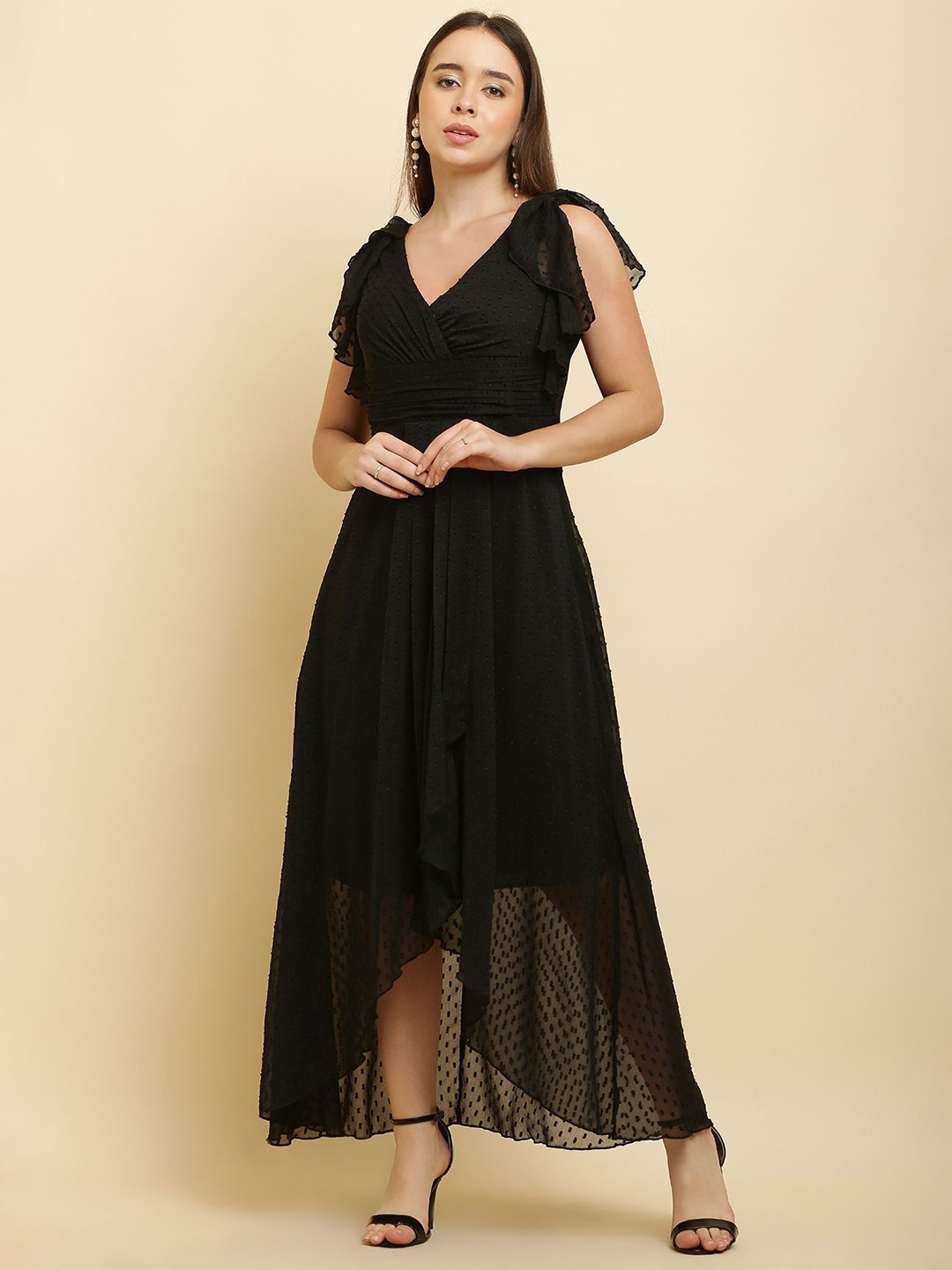 

C4D Flared Sleeve Ruffled Georgette Maxi Dress, Black