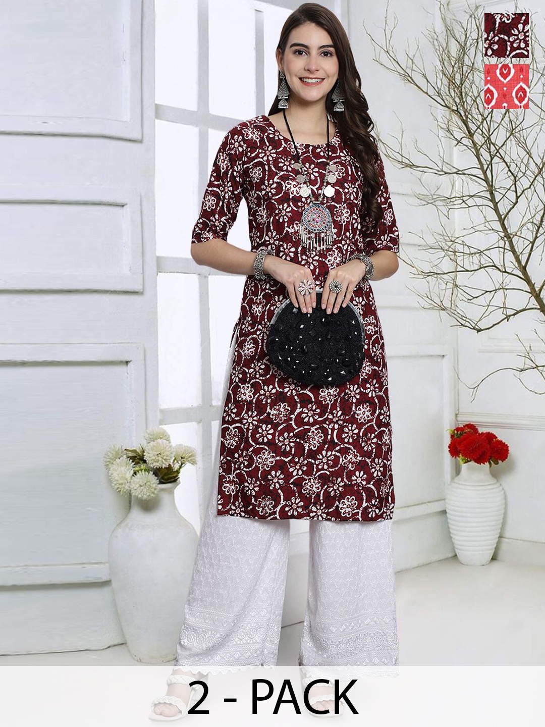 

7Threads Selection Of 2 Floral Printed Round Neck Straight Kurtas, Maroon