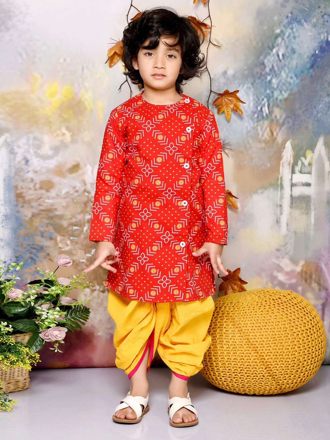 

MUDKID Boys Bandhani Printed Pure Cotton Straight Kurta With Dhoti Pants, Red
