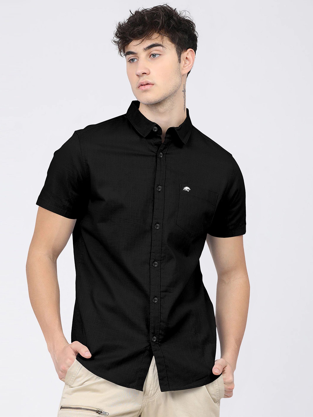 

BRUCEWANE Men Standard Opaque Semiformal Shirt, Black