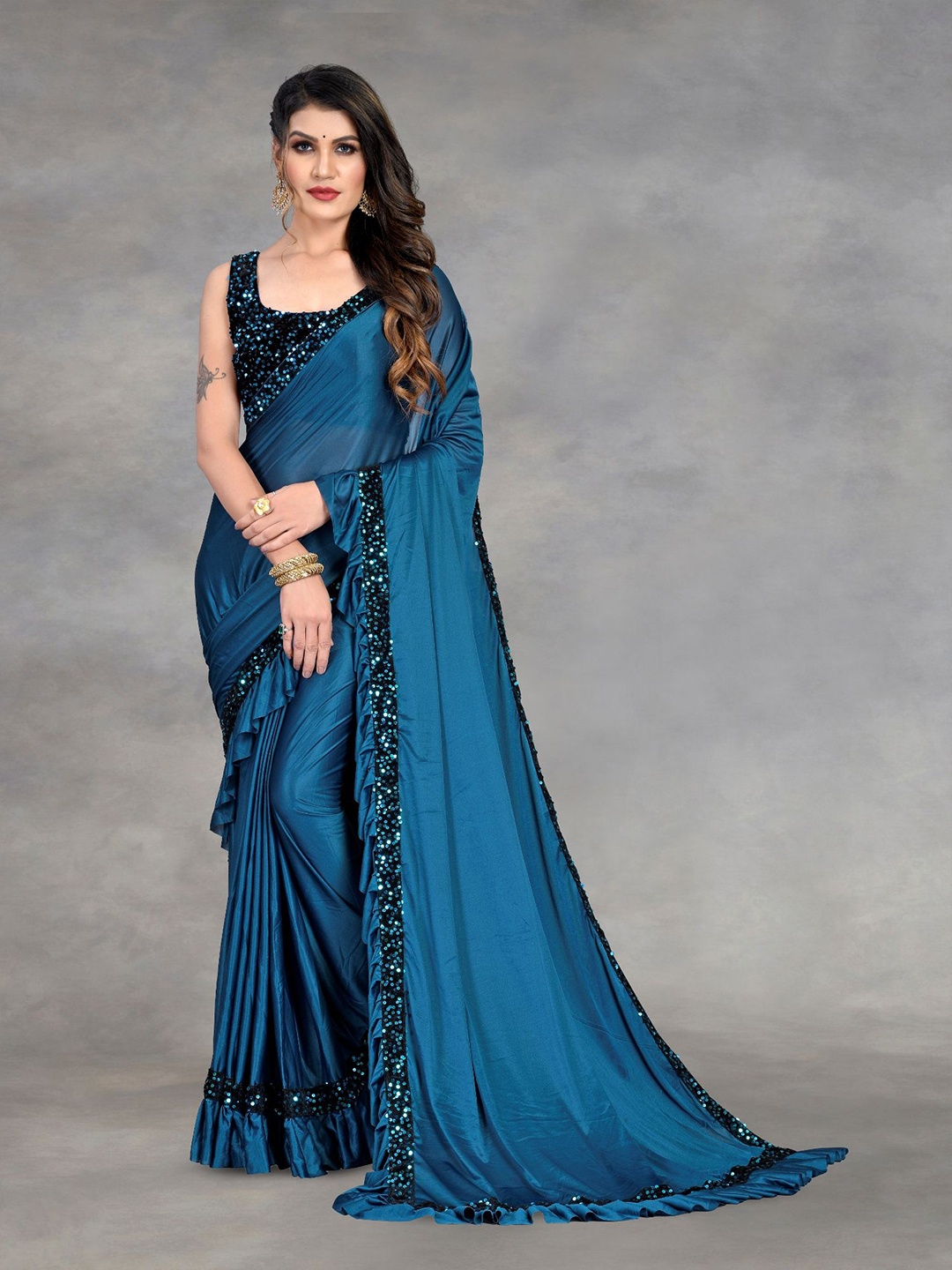 

Aika Sequinned Embroidered Saree with blouse piece, Navy blue