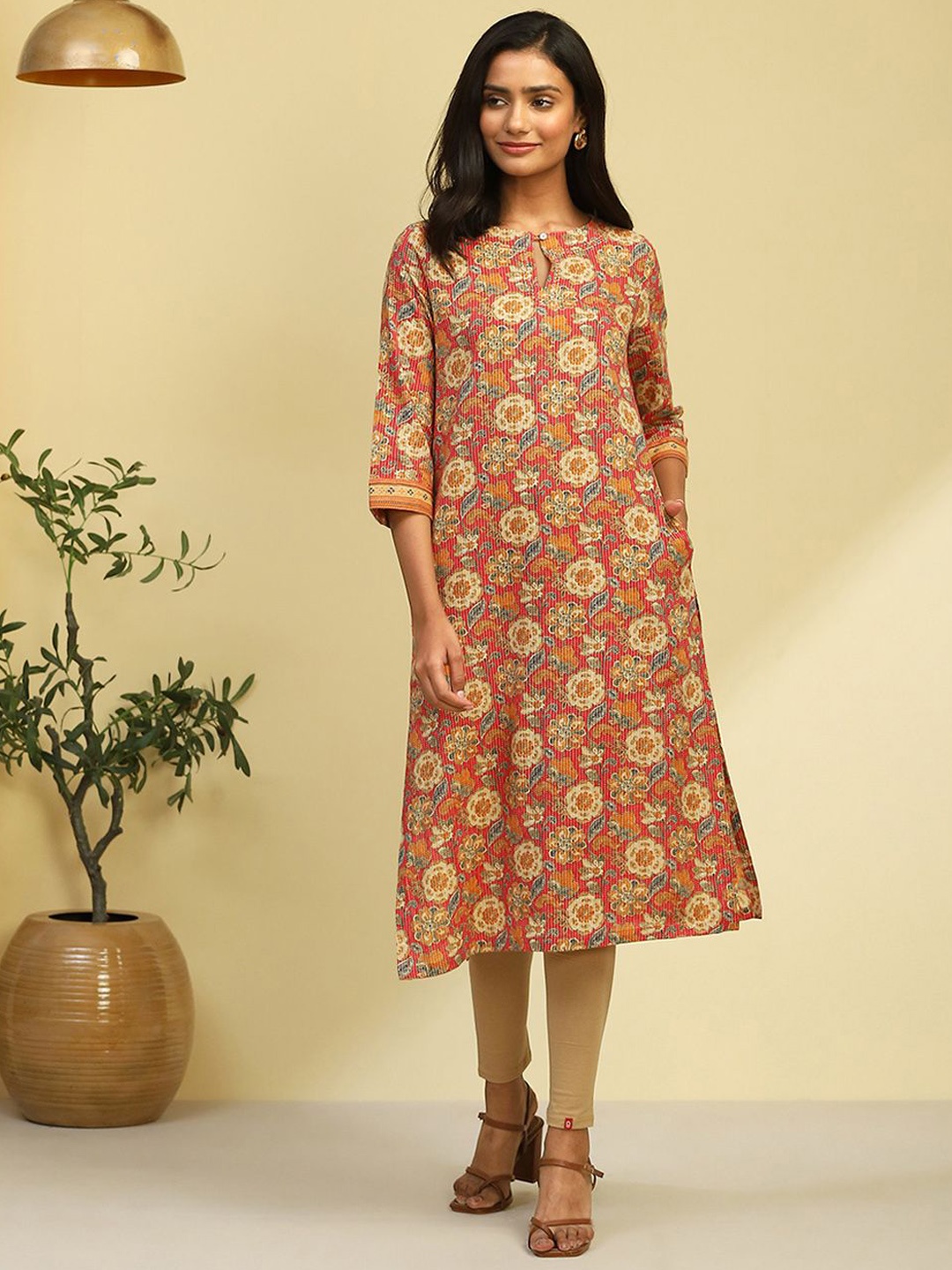 

Biba Floral Printed Keyhole Neck Cotton A-Line Kurta, Pink