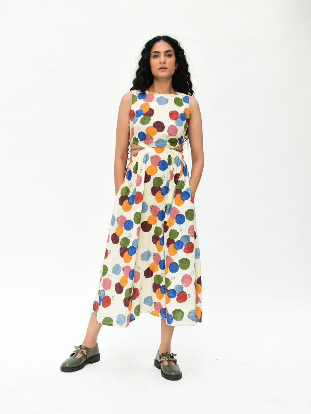 

Rias Jaipur Polka Dot Printed With Cut-Outs Details Cotton Fit & Flare Midi Dress, White