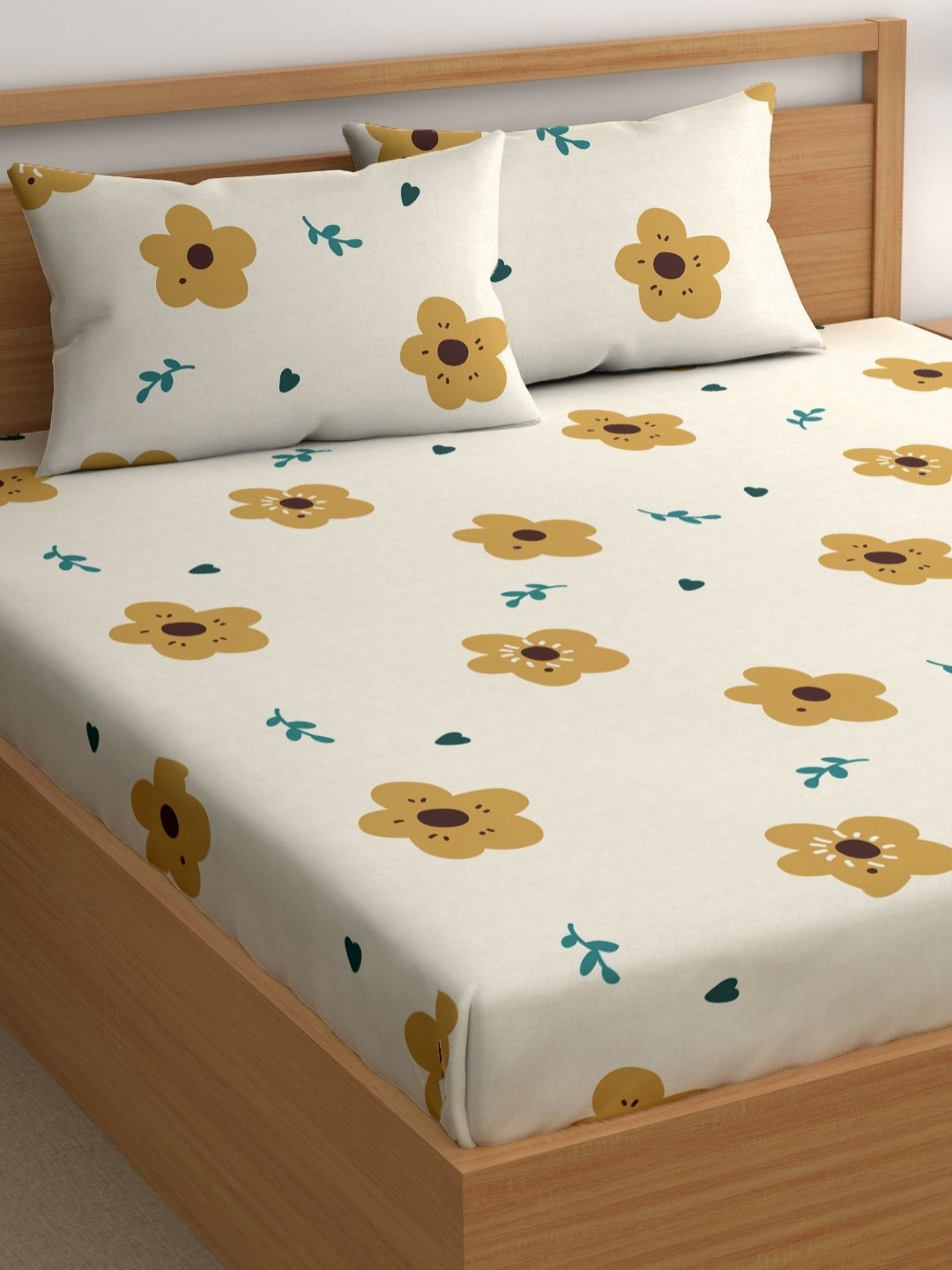 

CHHAVI INDIA White & Beige Floral 210 TC Queen Bedsheet With 2 Pillow Covers