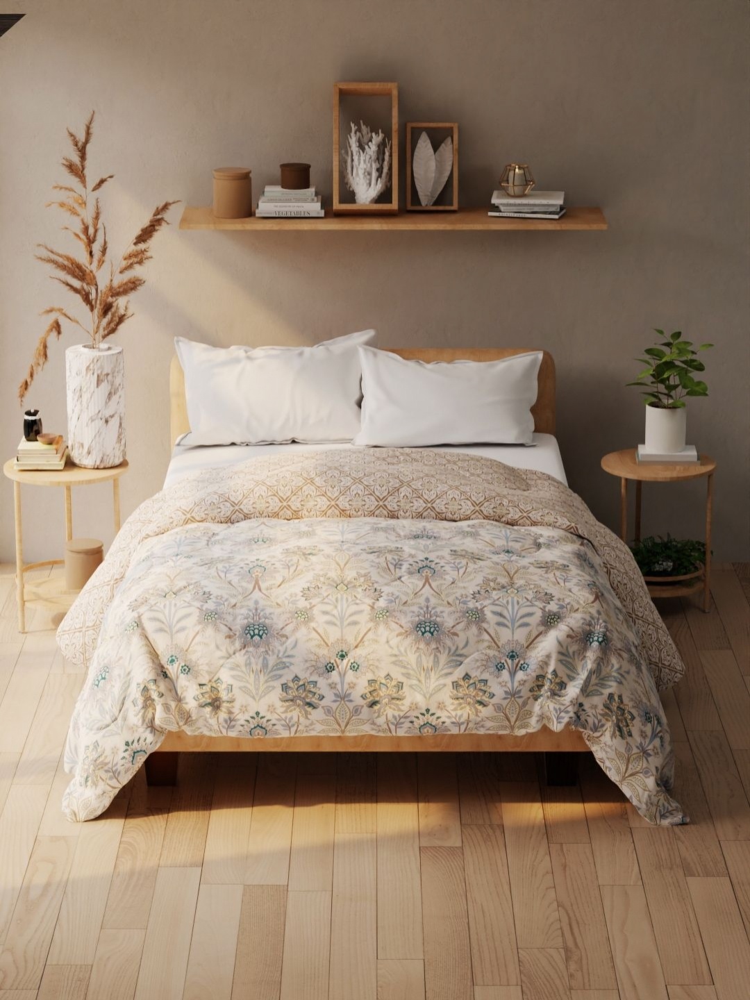 

KOPA Taupe & White Floral Printed 120 GSM Microfiber AC Room Double Bed Comforter
