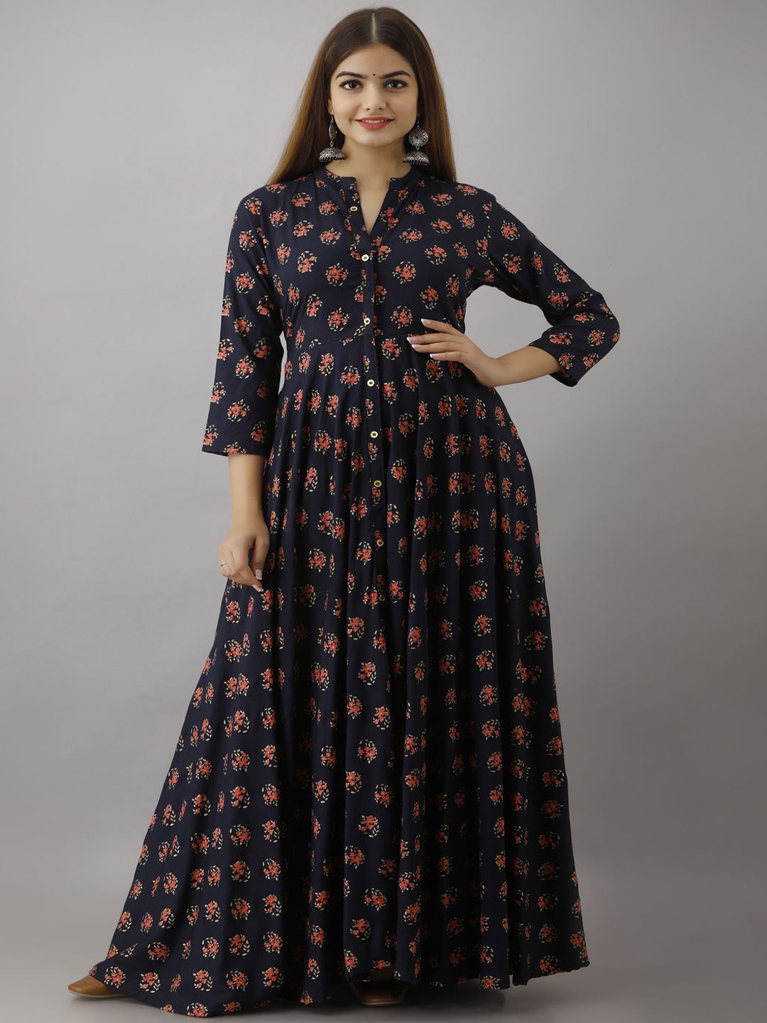 

Jaipurite Floral Printed Mandarin Collar Maxi Ethnic Dress, Blue