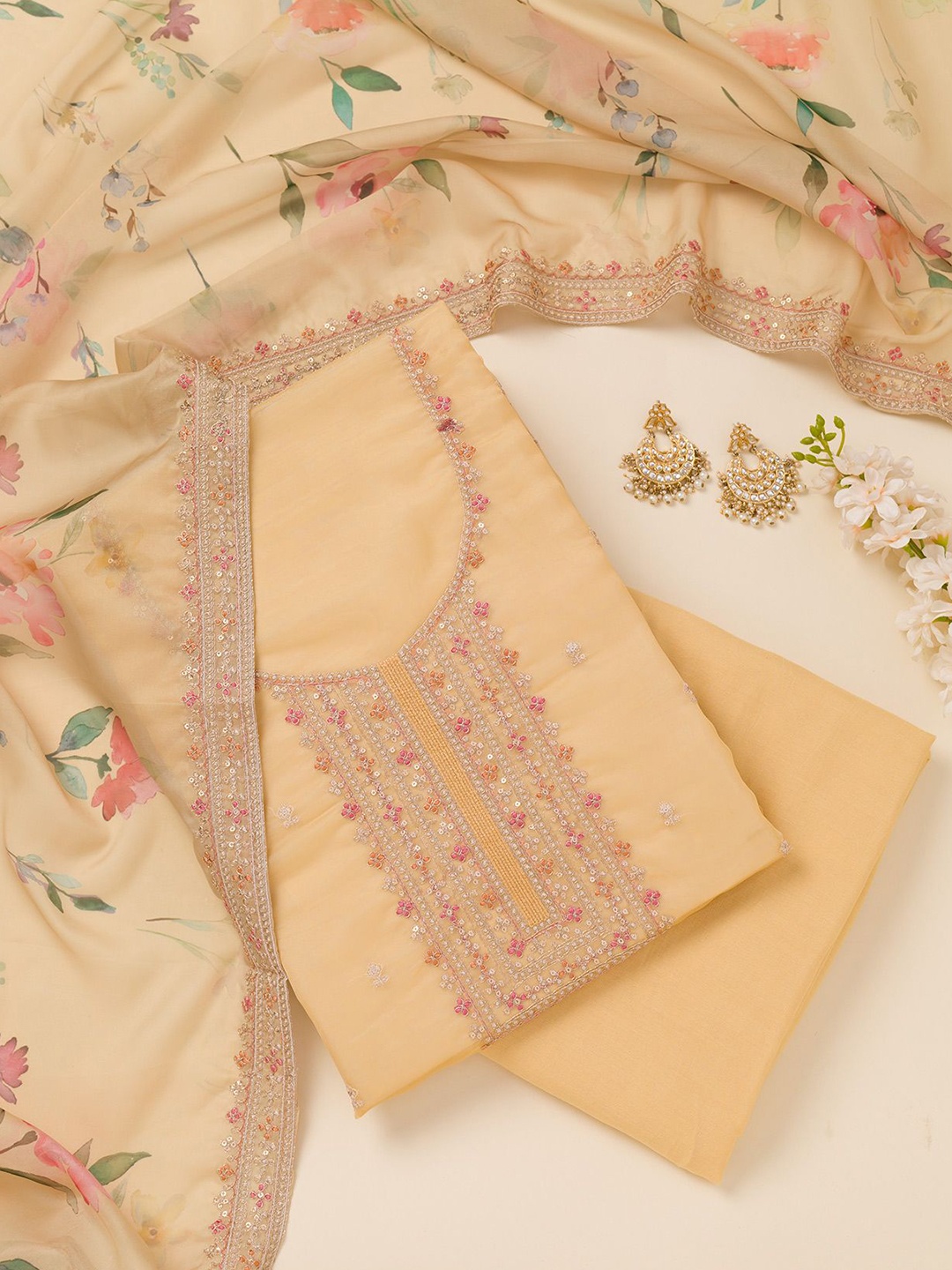 

Koskii Floral Embroidered Sequinned Organza Unstitched Dress Material, Yellow