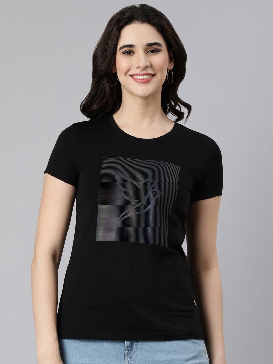 

TWIN BIRDS Women Graphic Printed Round Neck Cotton Slim Fit T-Shirt, Black