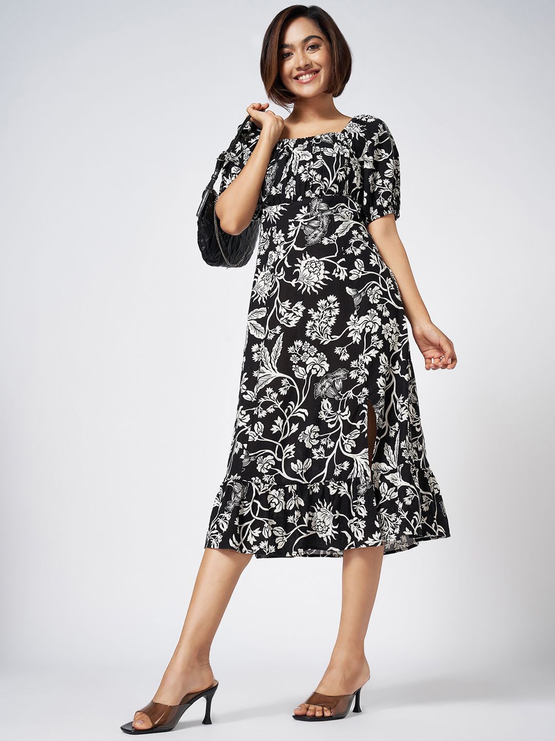 

Honey by Pantaloons Floral Printed Puff Sleeve A-Line Midi Dress, Black