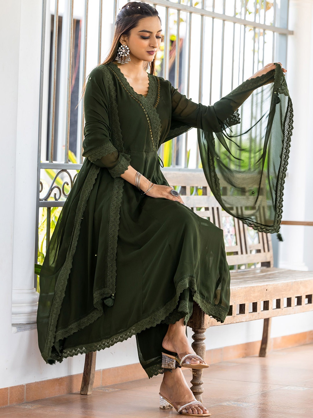 

MITTOO Mirror Work V-Neck Georgette Anarkali Kurta With Trousers & Dupatta, Green