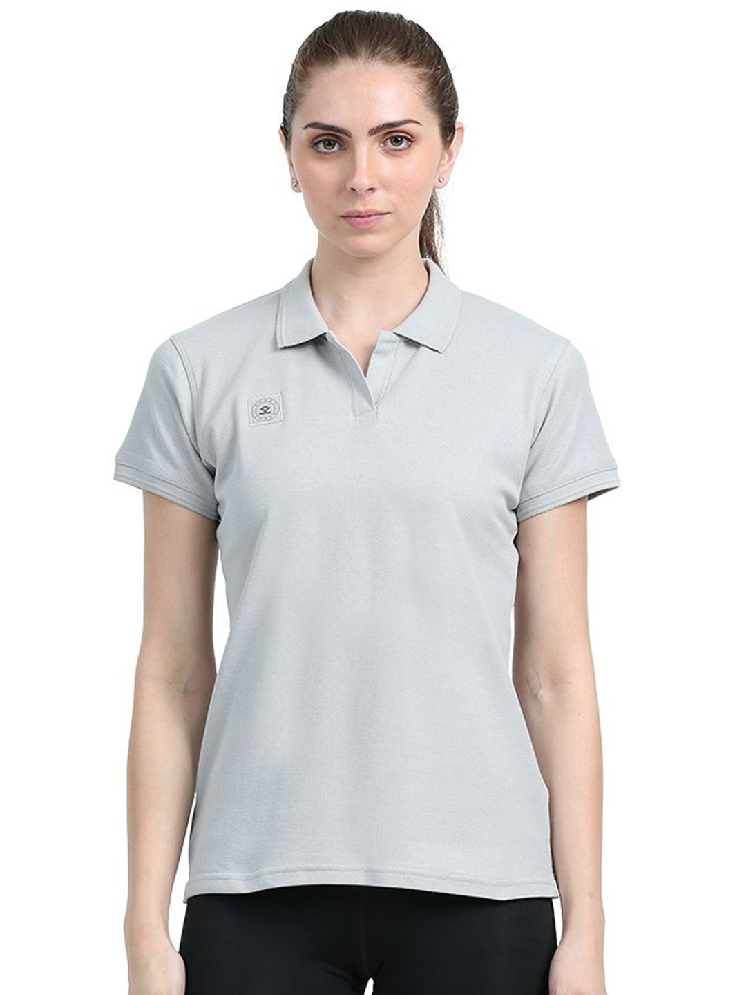 

Shrey Women Solid Polo Collar T-Shirt, Grey