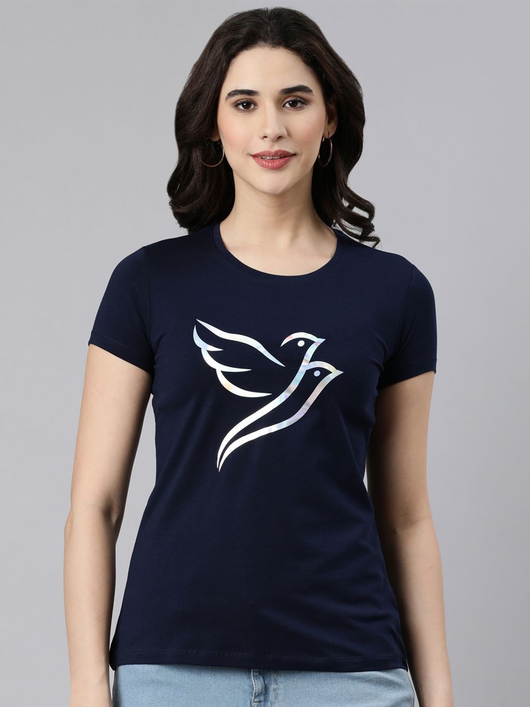 

TWIN BIRDS Women Graphic Printed Round Neck Cotton Slim Fit T-Shirt, Blue