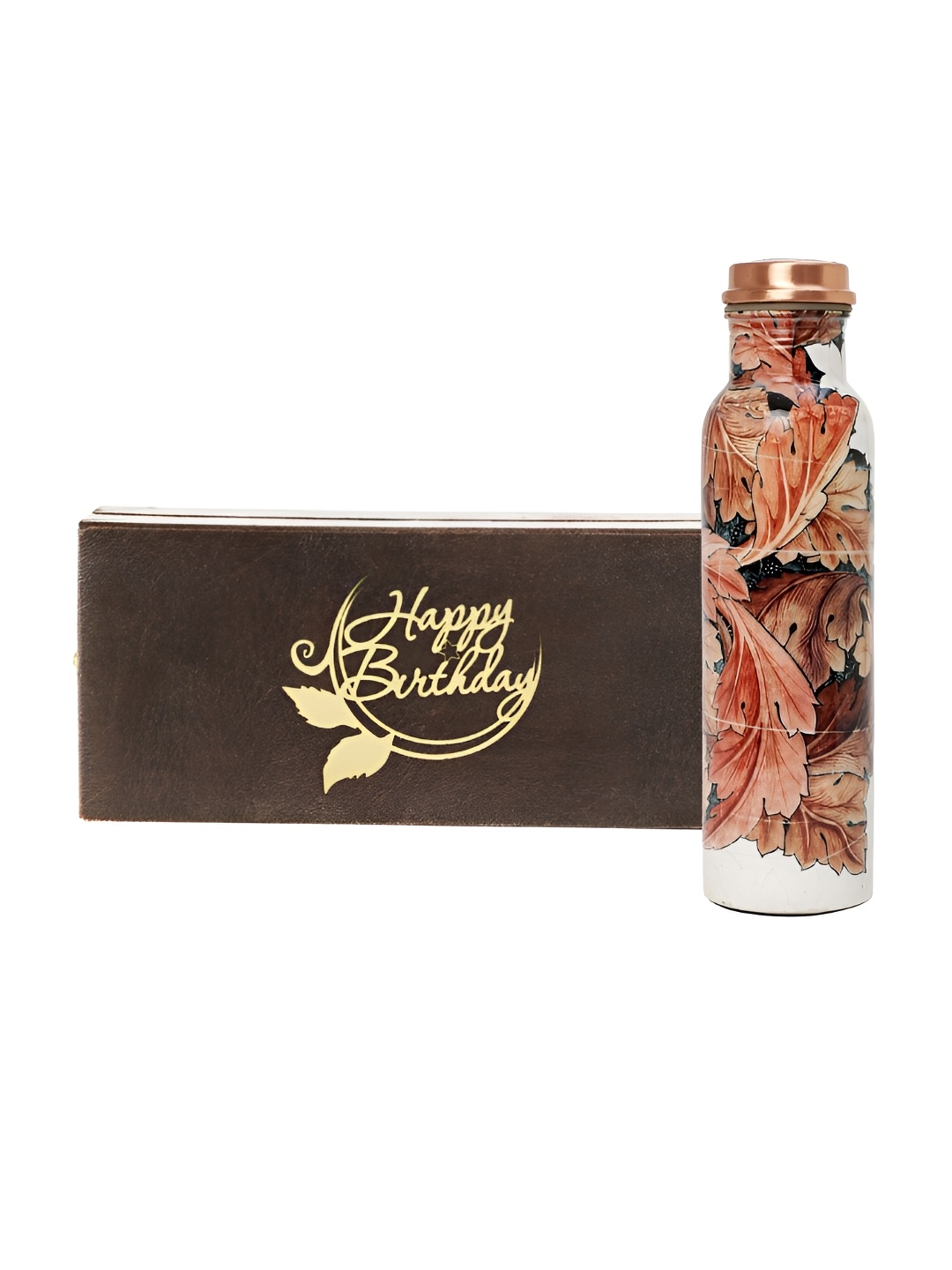 

INTERNATIONAL GIFT Brown & White Floral Printed Copper Water Bottle 1 L & Best Wishes Tag