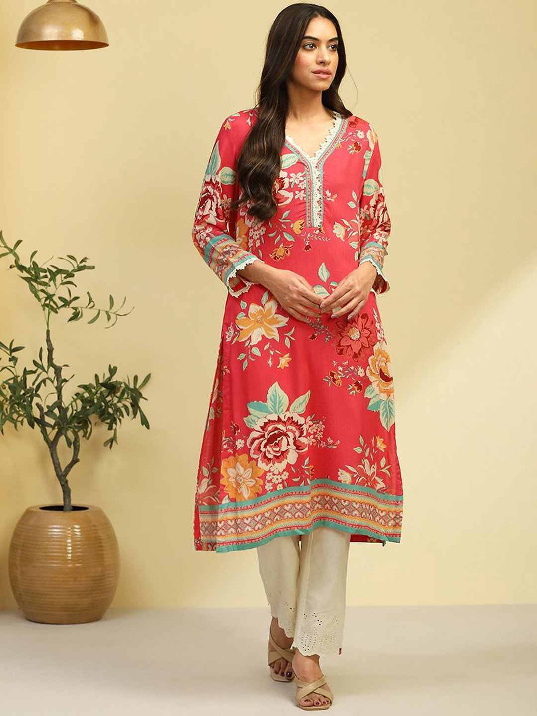 

Biba Floral Printed Flared Sleeves A-Line Kurta, Pink