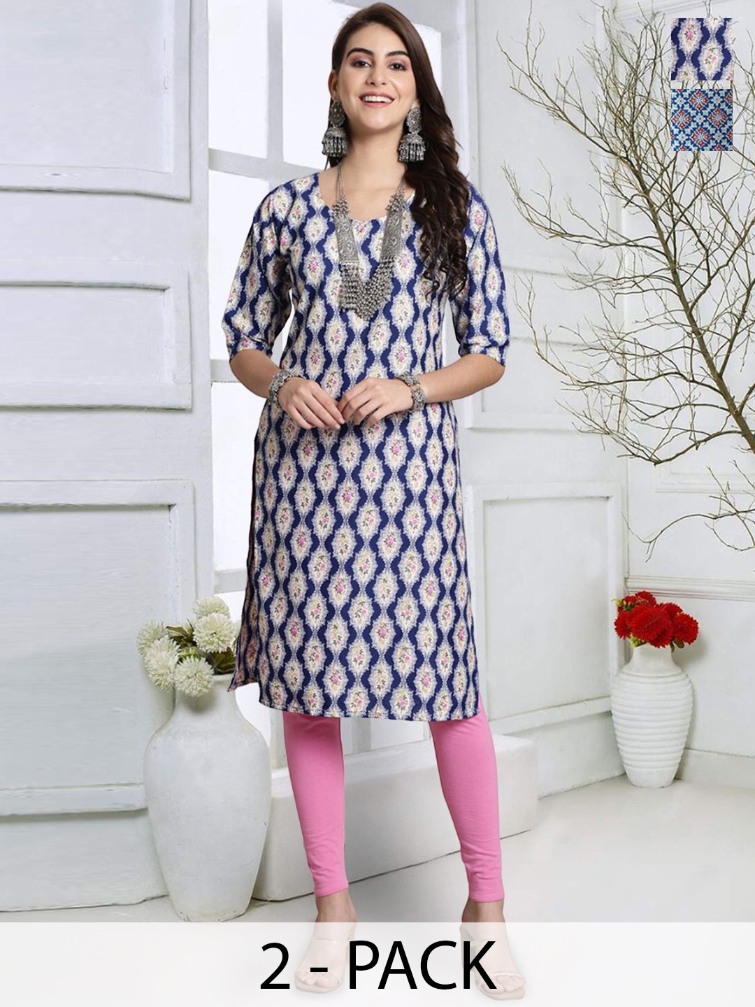 

7Threads Pack Of 2 Printed Round Neck Short Sleeves Straight Kurtas, Blue