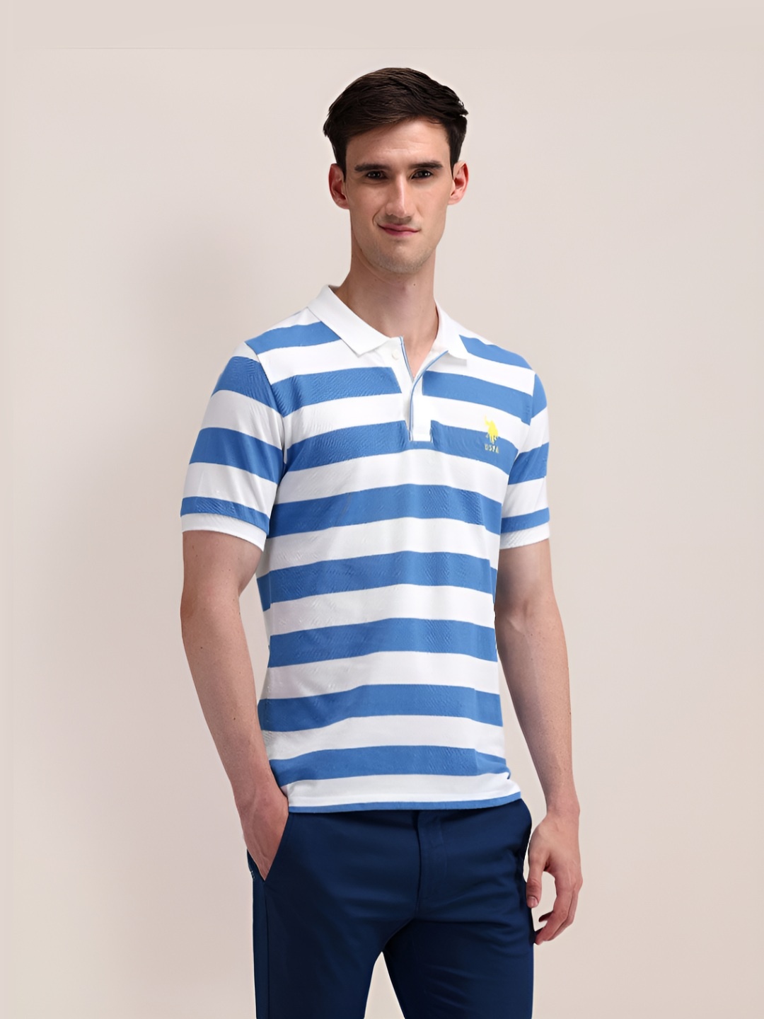 

U.S. Polo Assn. Men Striped Polo Collar Cotton Slim Fit T-Shirt, Blue
