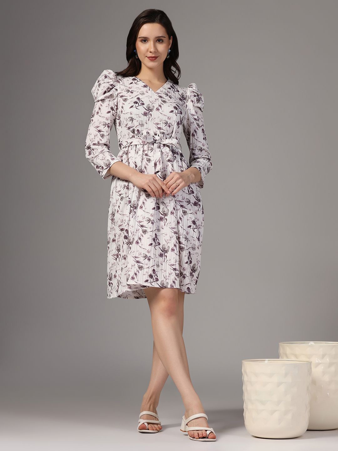 

BAESD Floral Print Puff Sleeve Chiffon A-Line Dress, White