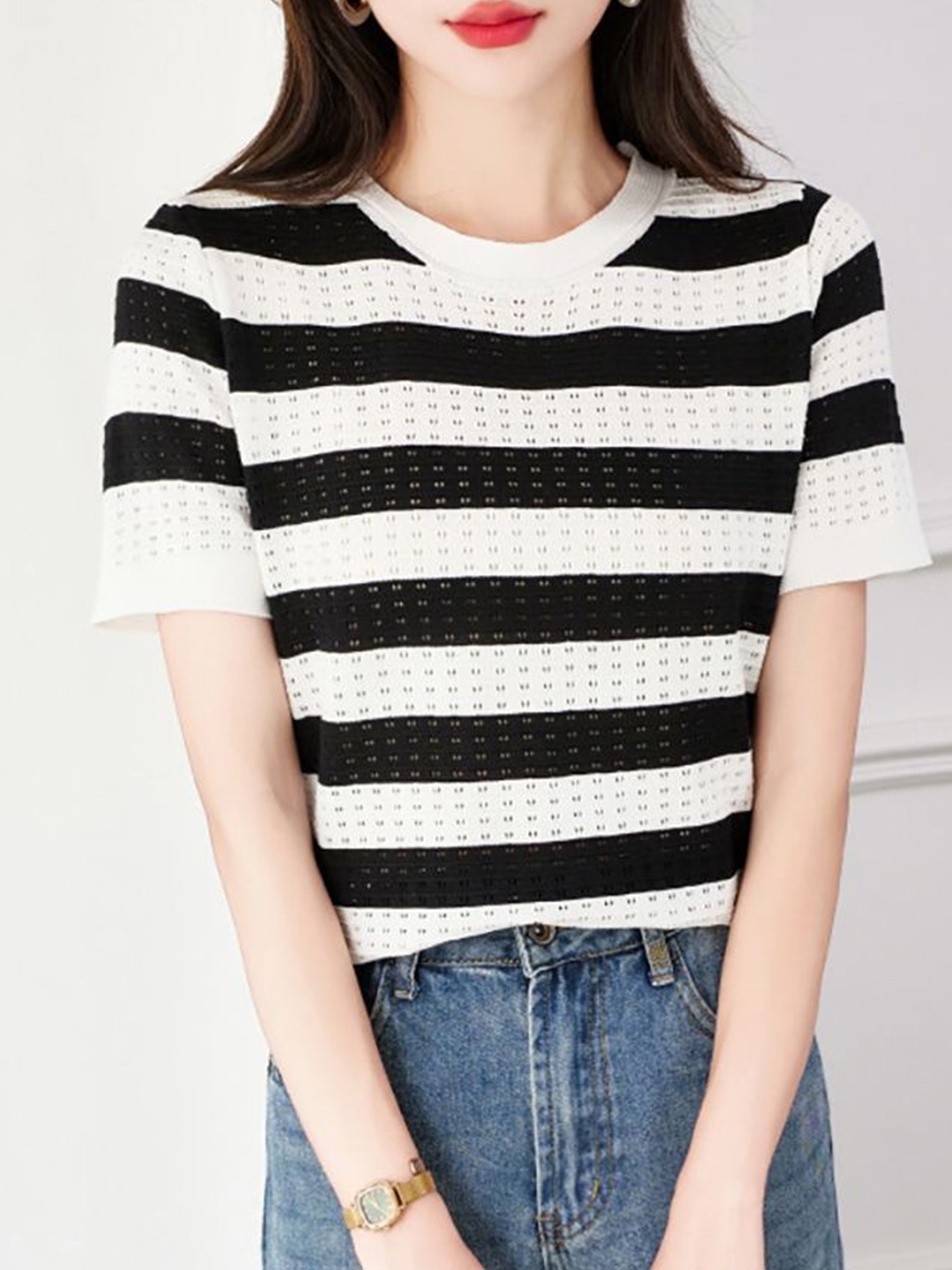 

StyleCast x Revolte Women Striped Round Neck Top, Black