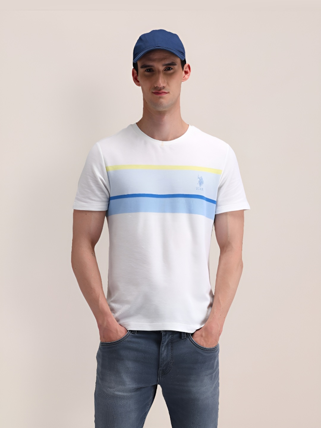 

U.S. Polo Assn. Men Colourblocked Round Neck Cotton Slim Fit T-Shirt, White