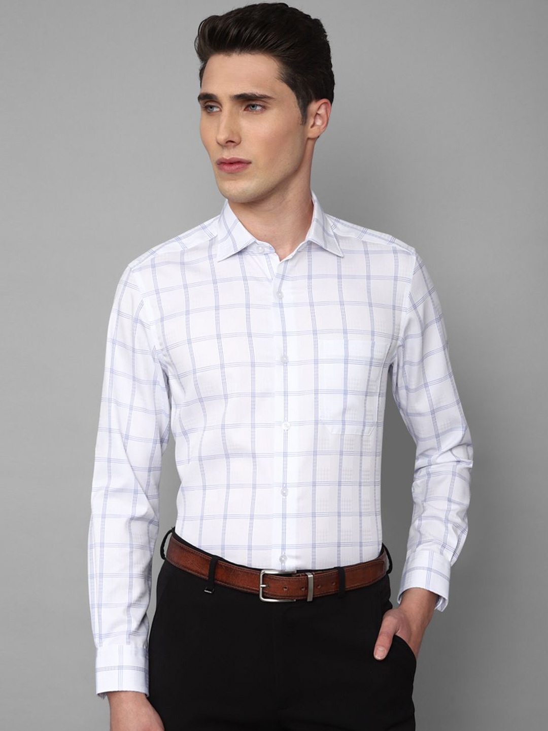 

Louis Philippe Men Spread Collar Windowpane Checked Cotton Formal Shirt, White