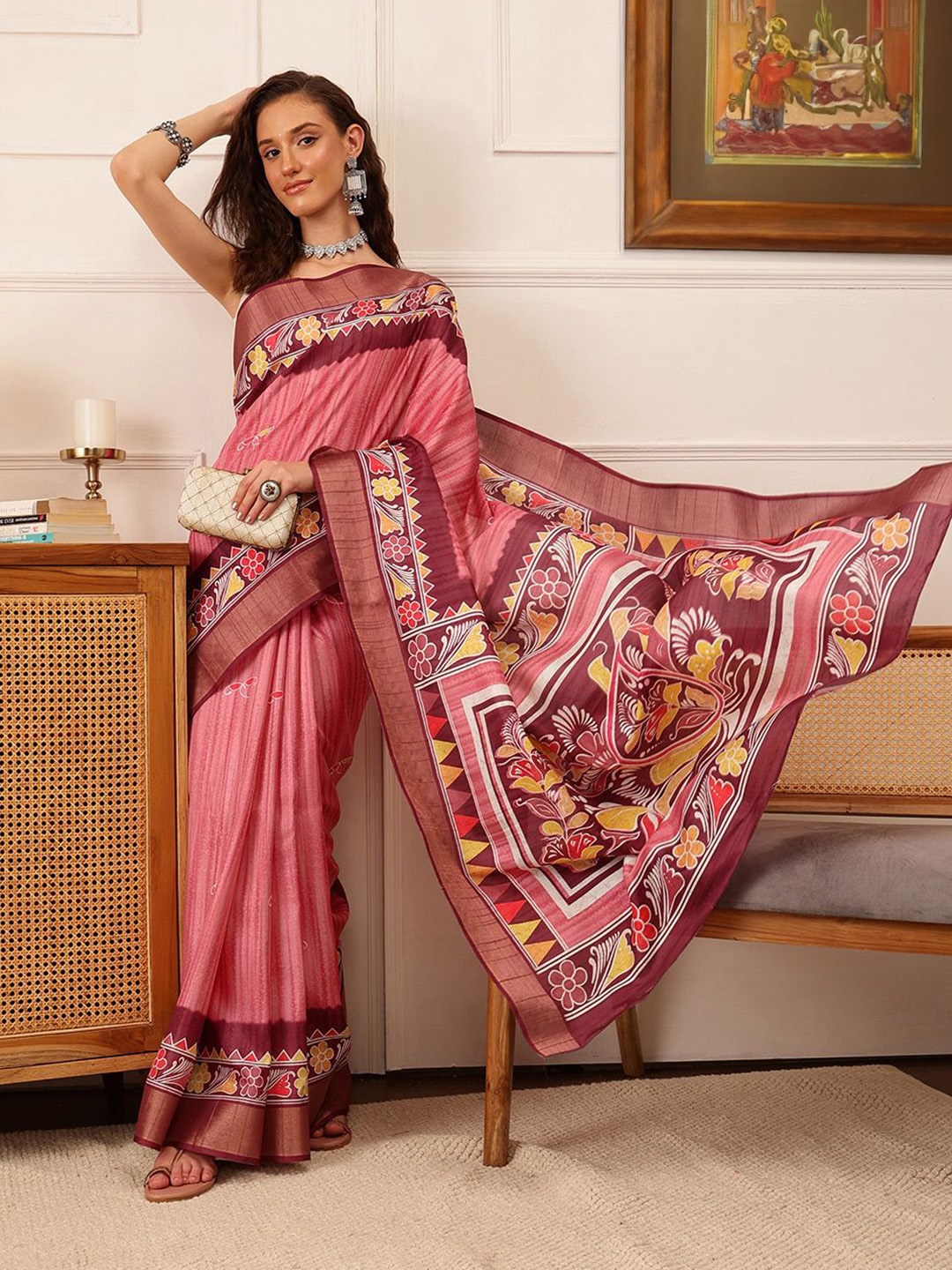 

Silk Land Floral Banarasi Silk Digital Print Saree, Pink