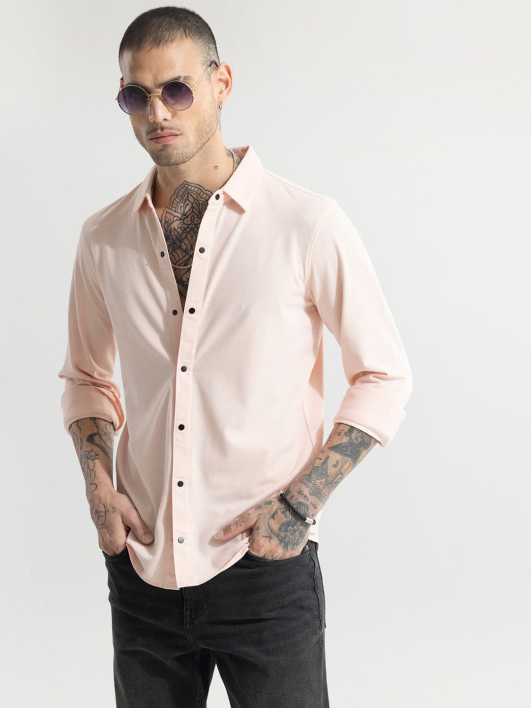 

Snitch Men Relaxed Spread Collar Solid Cotton Slim Fit Casual Shirt, Peach