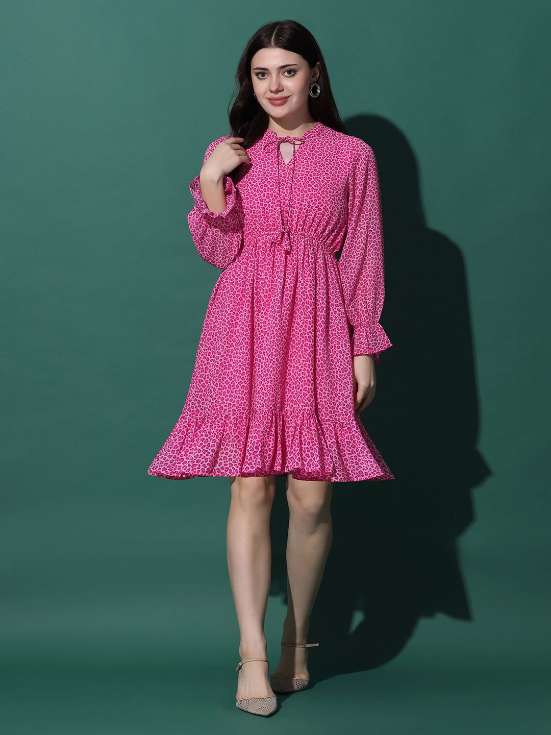 

BAESD Animal Print Tie-Up Neck Georgette A-Line Midi Dress, Pink