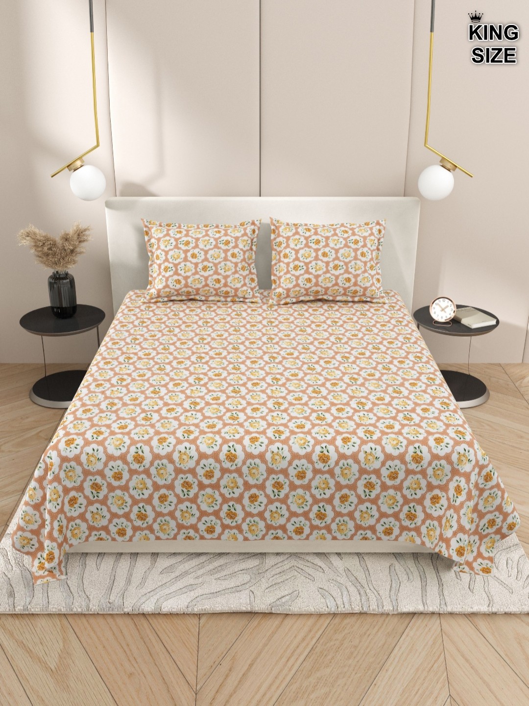 

DREAM WEAVERZ Orange Colored & White Floral Cotton 220 TC King Bedsheet & 2 Pillow Covers