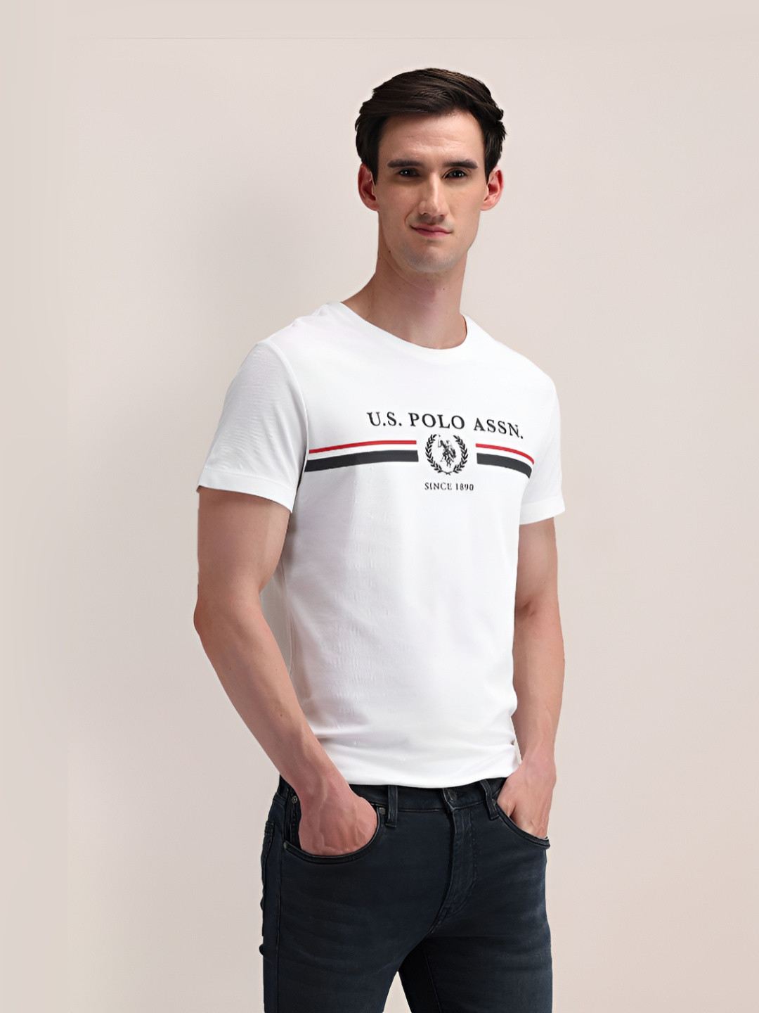 

U.S. Polo Assn. Men Brand Logo Printed Round Neck Cotton Slim Fit T-shirt, White