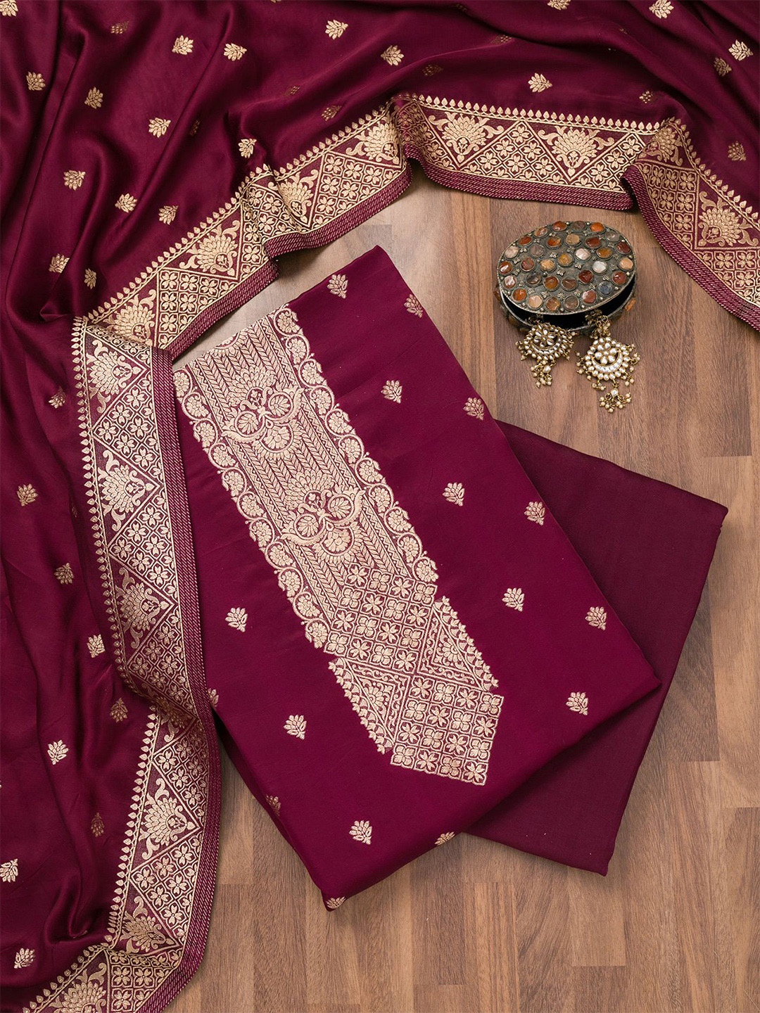 

Koskii Ethnic Motifs Woven Design Zari Unstitched Dress Material, Burgundy