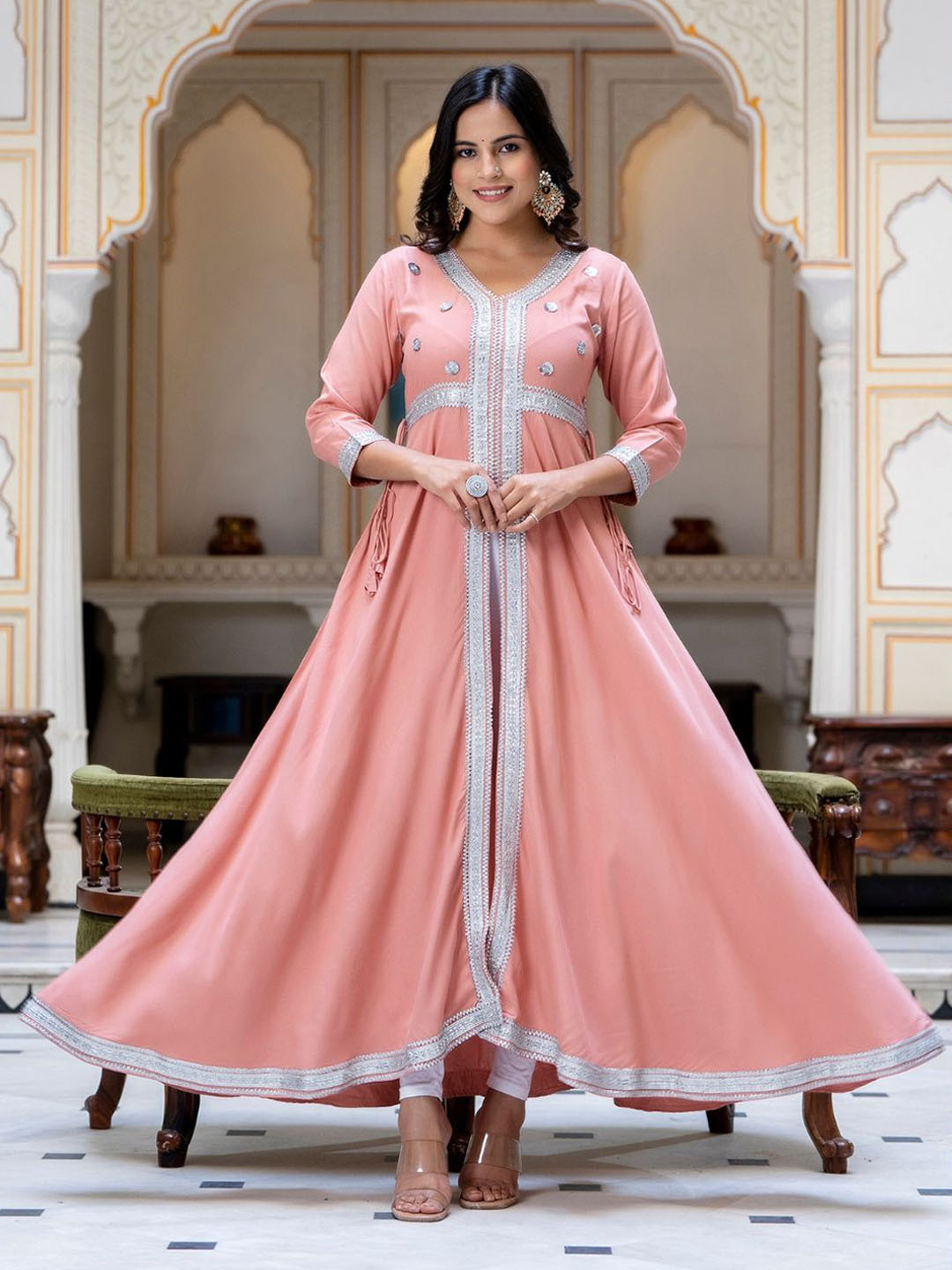 

Jaipurite Embroidered V Neck Gotta Patti Anarkali Kurta, Peach