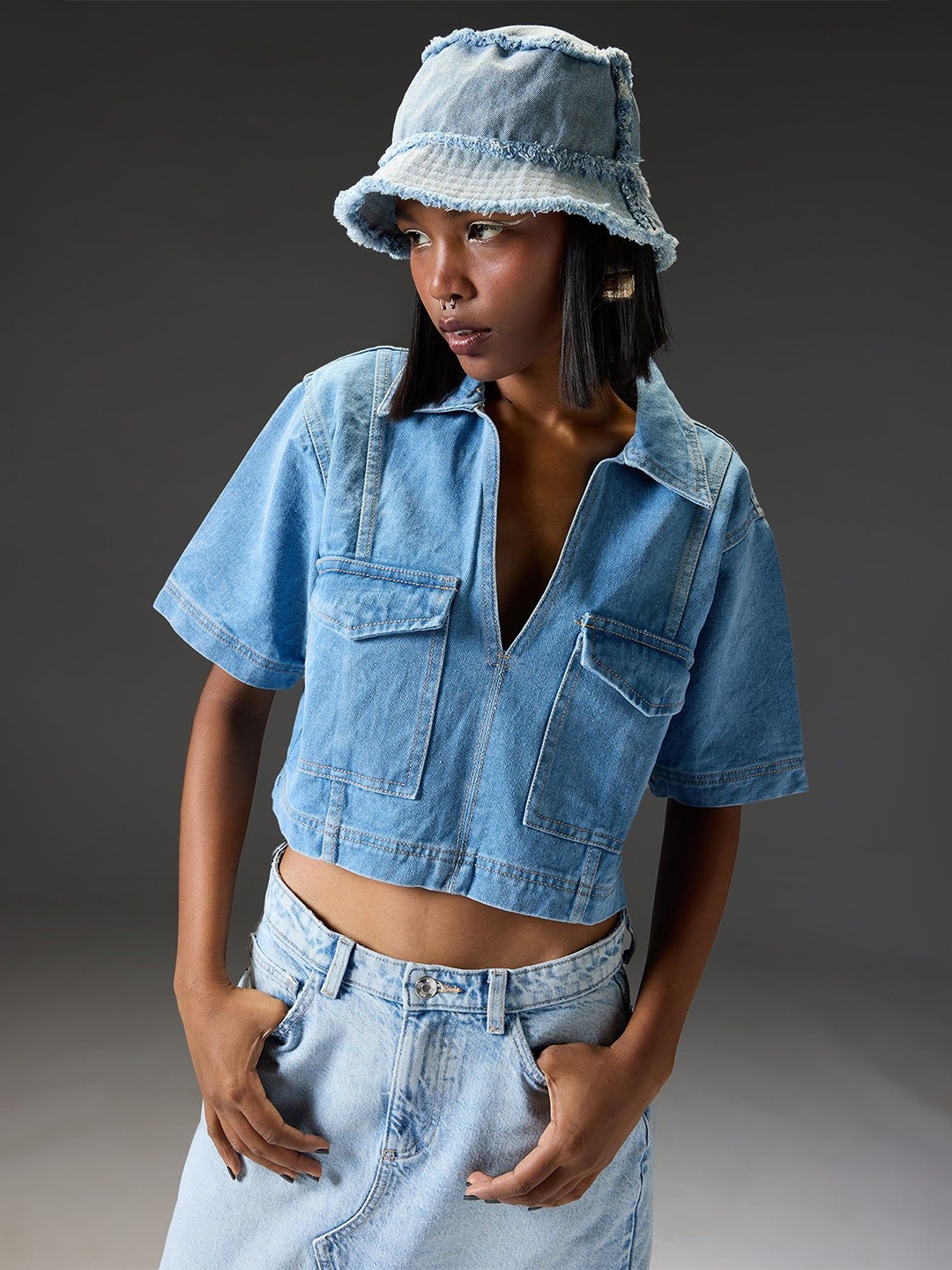 

FREAKINS Women Solid Shirt Collar Cotton Top, Blue