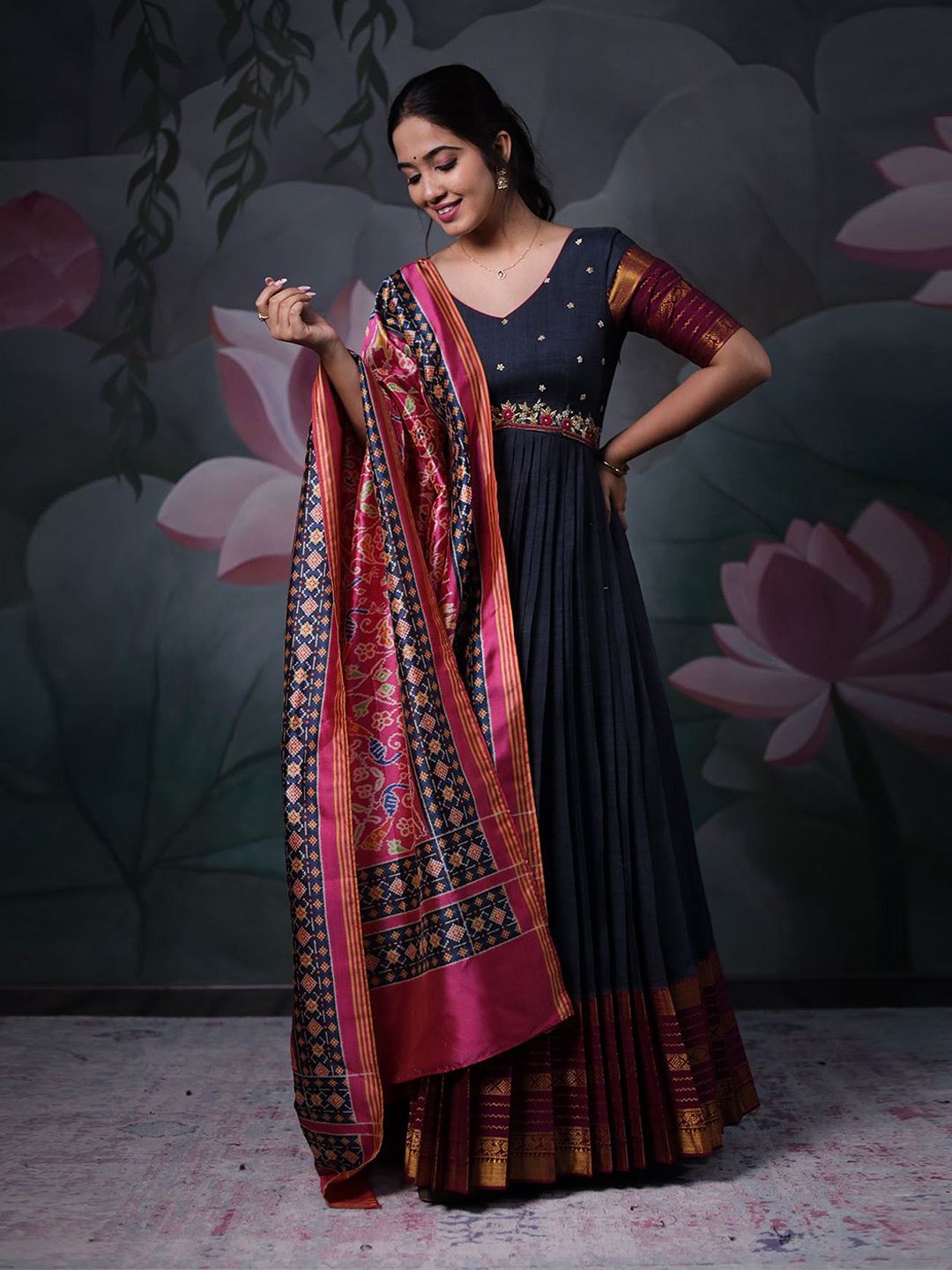 

Bullion Knot Embroidered Fit & Flare Maxi Dress, Black