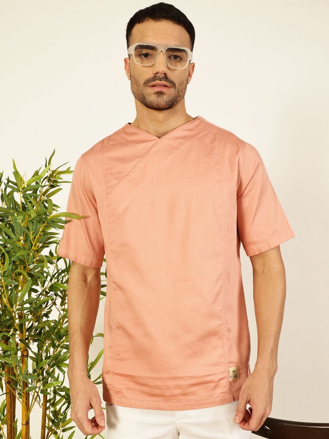 

Thomas Scott Men Solid V-Neck Cotton Boxy T-Shirt, Peach