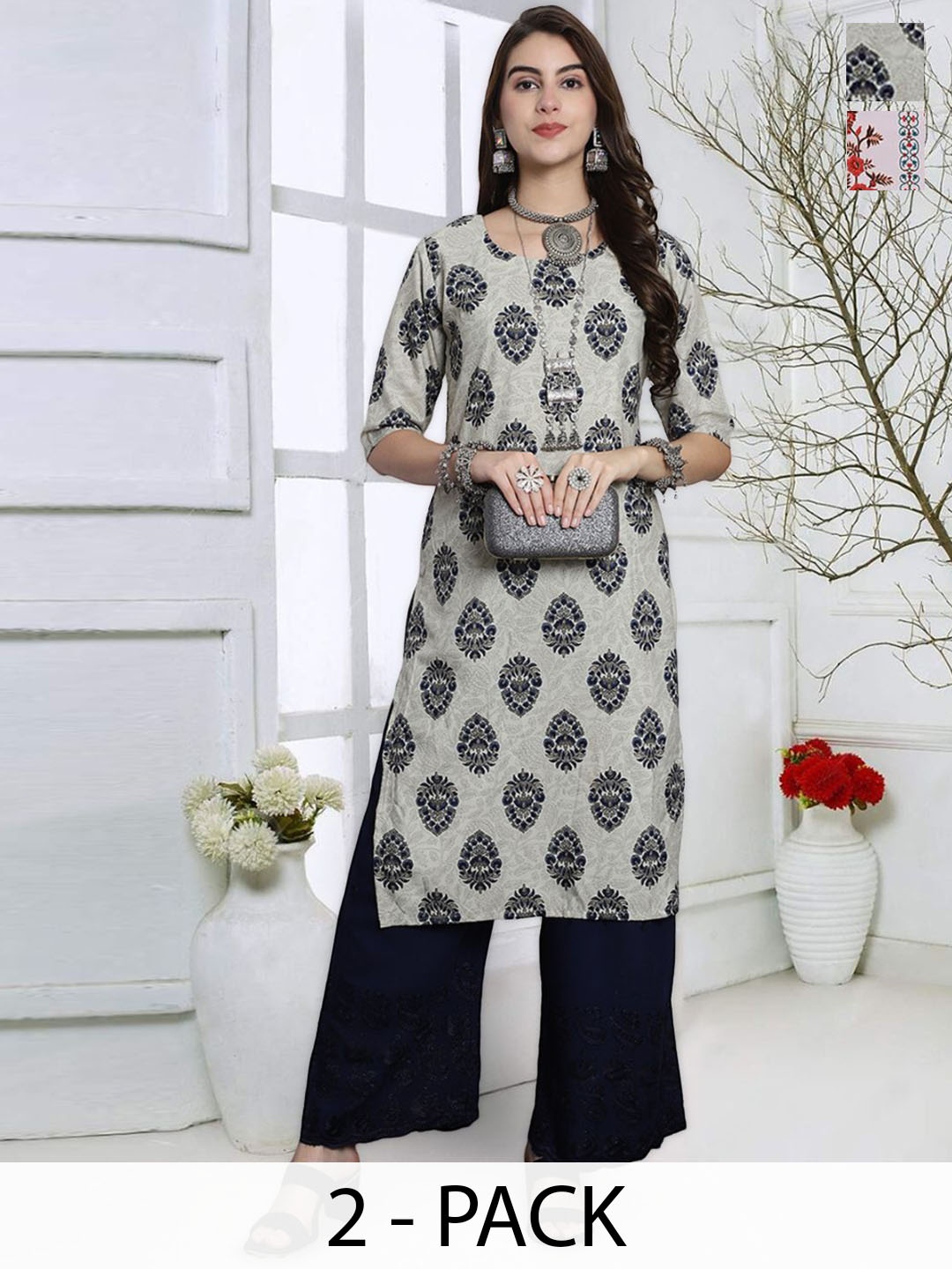 

7Threads Selection Of 2 Floral Printed Round Neck Straight Kurta, Grey