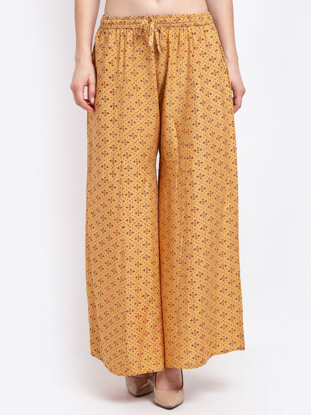 

GRACIT Women Floral Printed Flared Knitted Ethnic Palazzos, Beige